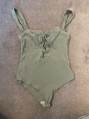 Free People Sage Green Lace-Up Bodysuite